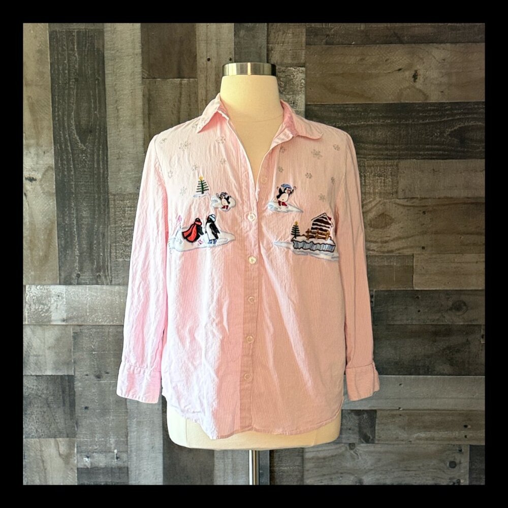 Vintage pink gingham button up shirt size 18 penguin snowflake Christmas holiday
